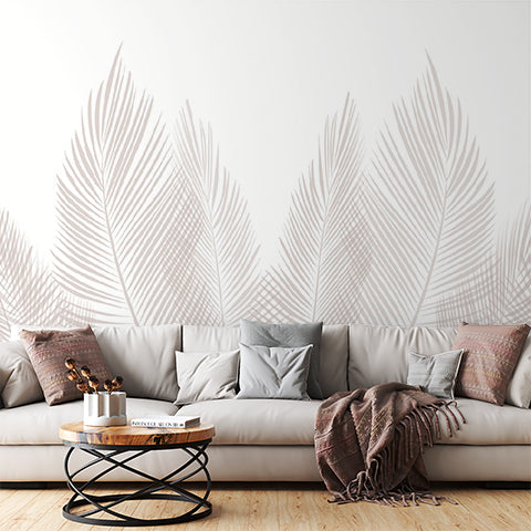 Beige Tropical Palm Leaf Wall Mural White Feathers Wallpaper