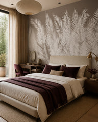 Taupe palm fronds wallpaper in a designer bedroom.