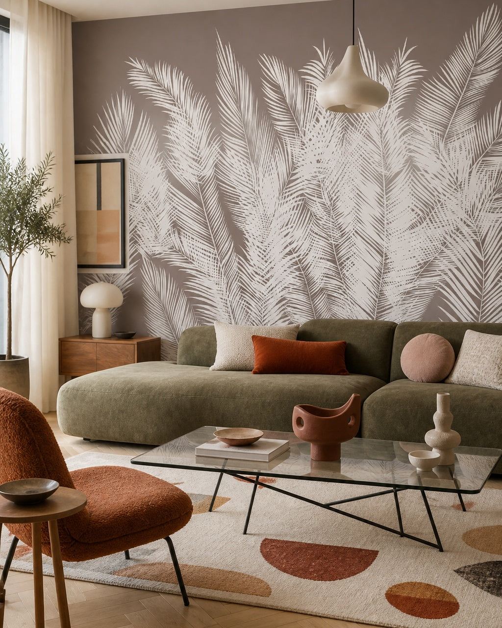 Taupe palm fronds wallpaper in a designer living room.