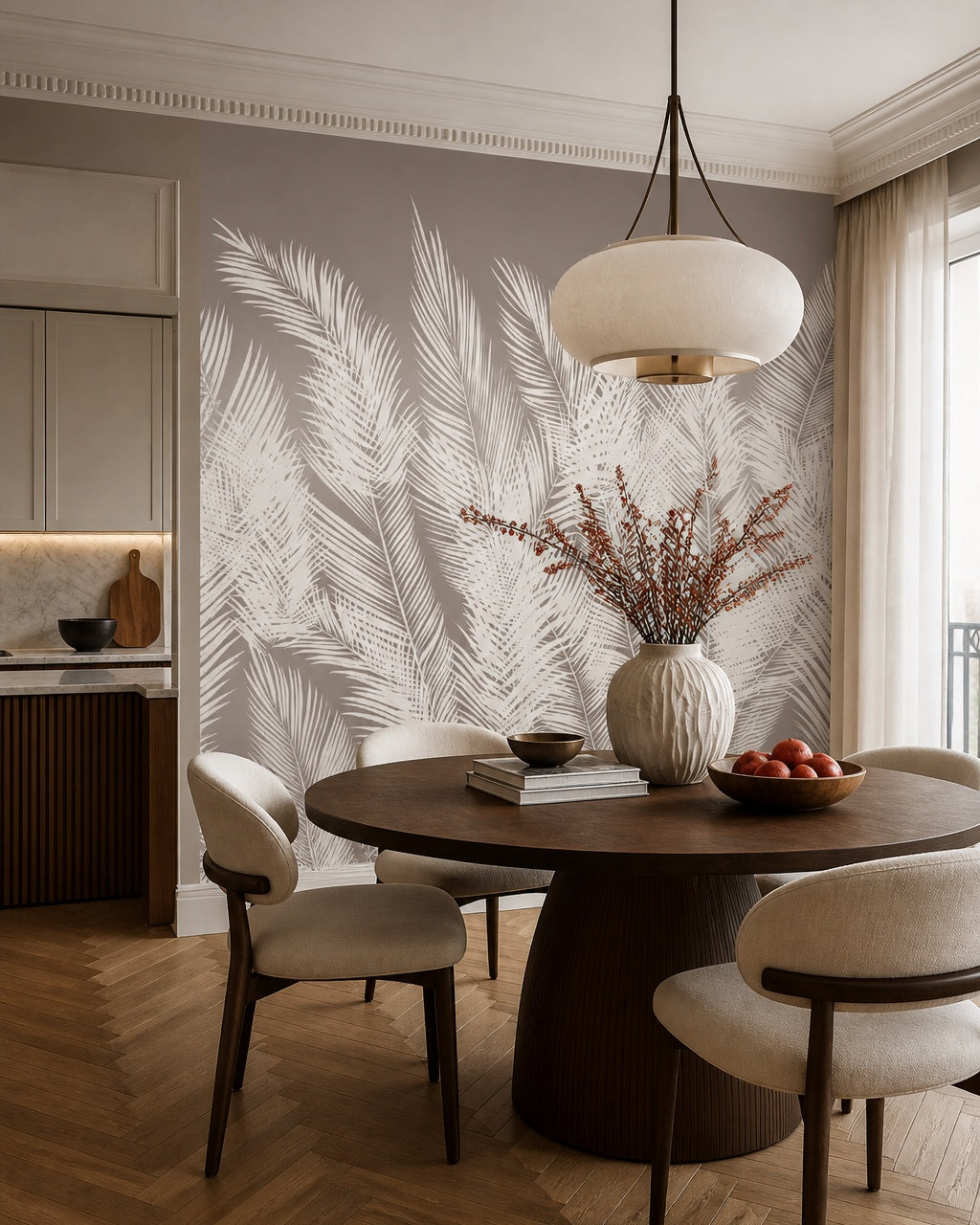 Taupe palm fronds wallpaper in a refined dining area.