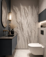 Taupe palm fronds wallpaper in an elegant powder room.