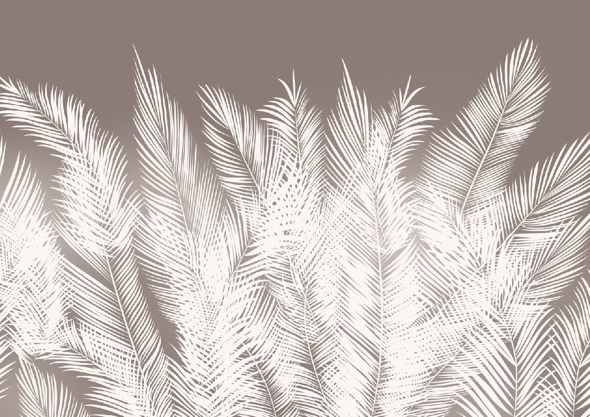Papier peint palmes taupe – Papier peint panoramique feuilles plumeuses blanches sur beige foncé