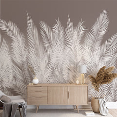 Custom Monochrome Tropical Palm Leaf Wall Mural White Feathers Dark Wallpaper