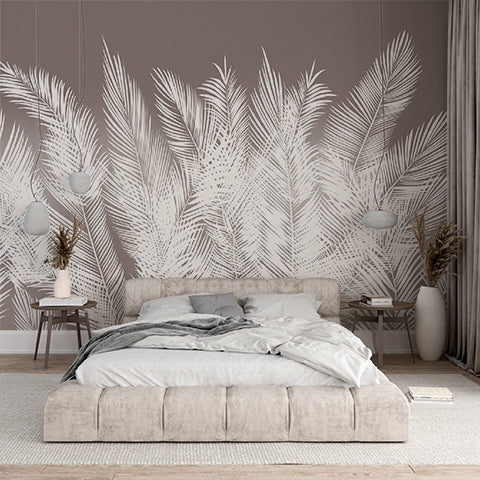 Monochrome Tropical Palm Leaf Wall Mural White Feathers Dark Wallpaper