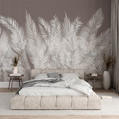 Custom Monochrome Tropical Palm Leaf Wall Mural White Feathers Dark Wallpaper