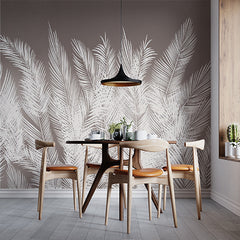 Custom Monochrome Tropical Palm Leaf Wall Mural White Feathers Dark Wallpaper