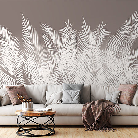 Monochrome Tropical Palm Leaf Wall Mural White Feathers Dark Wallpaper