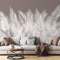 Custom Monochrome Tropical Palm Leaf Wall Mural White Feathers Dark Wallpaper