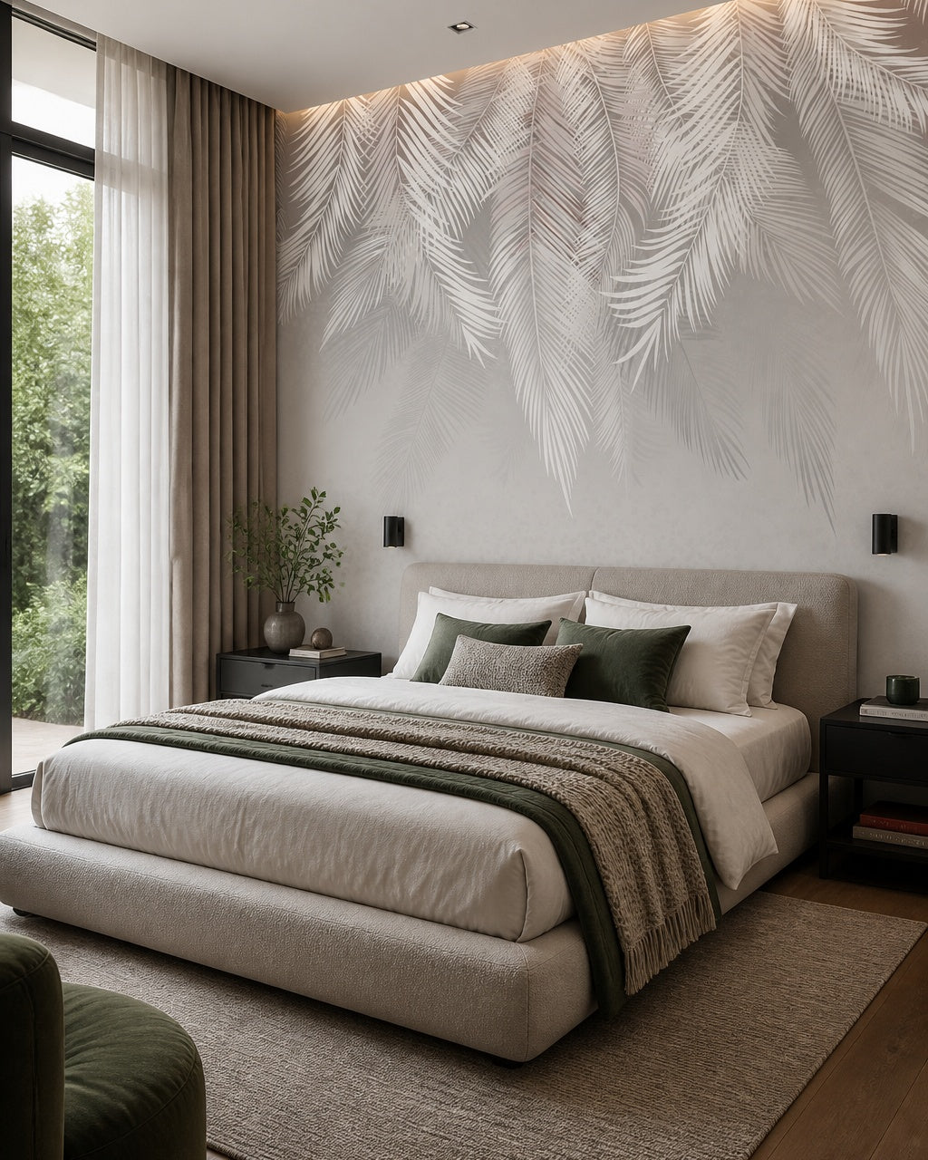 Silver feathers wallpaper in a designer bedroom.