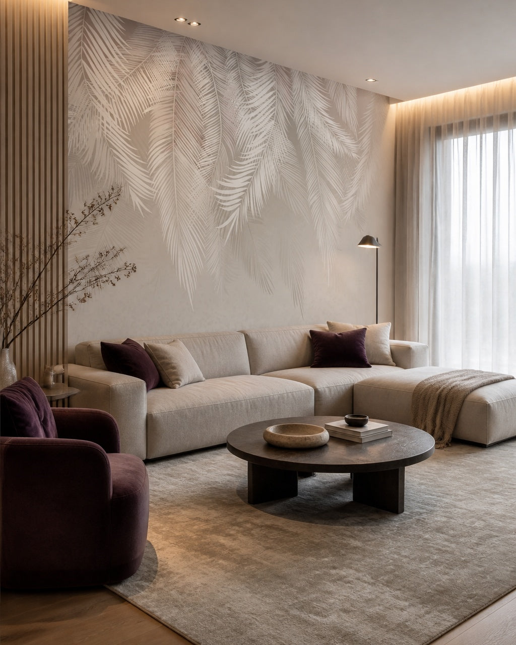 Silver feathers wallpaper in a designer living room.
