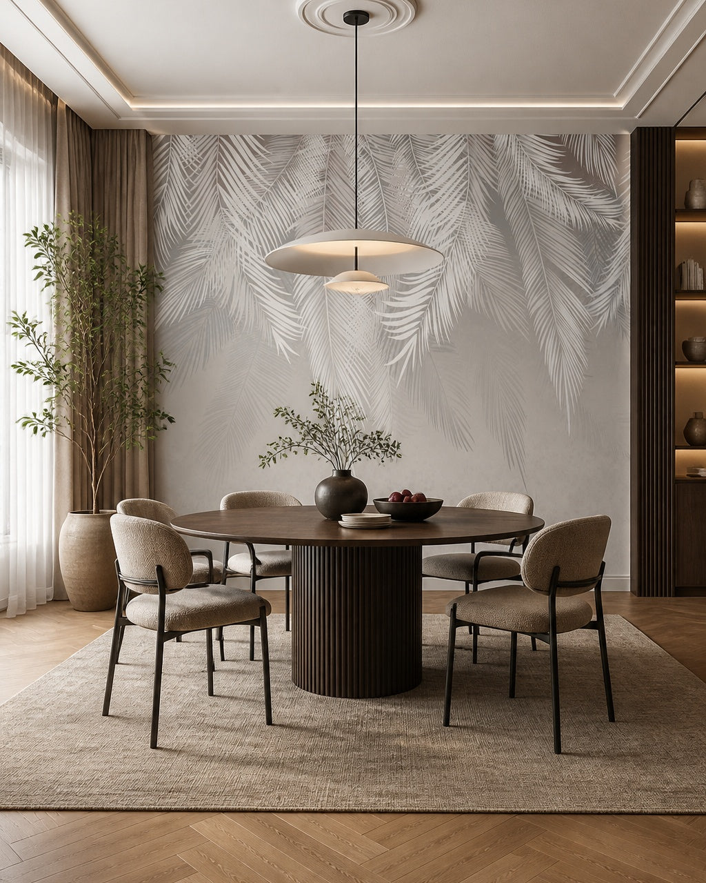 Silver feathers wallpaper in a refined dining area.