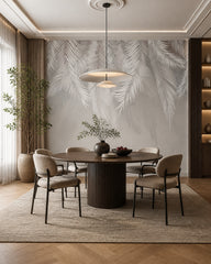 Silver feathers wallpaper in a refined dining area.