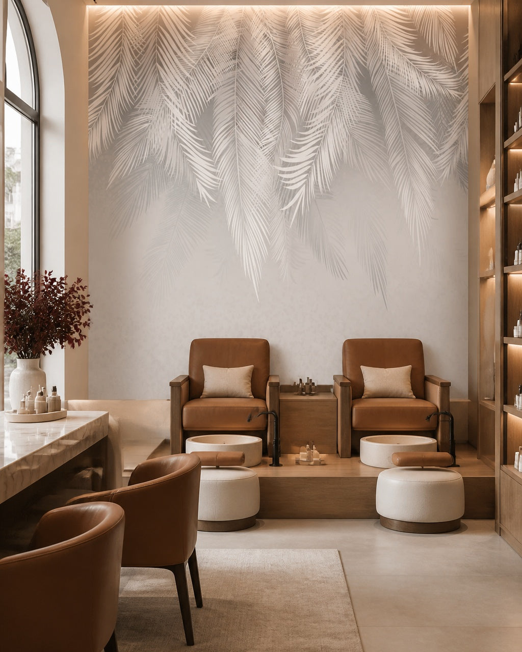Silver feathers wallpaper in a beauty salon.