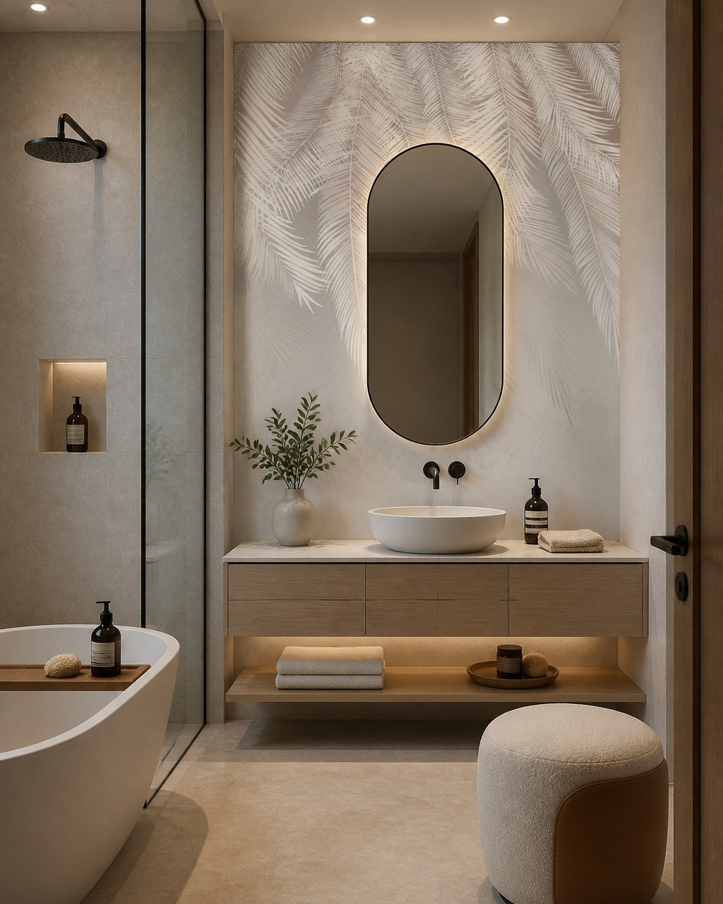 Silver feathers wallpaper in a luxury bathroom.