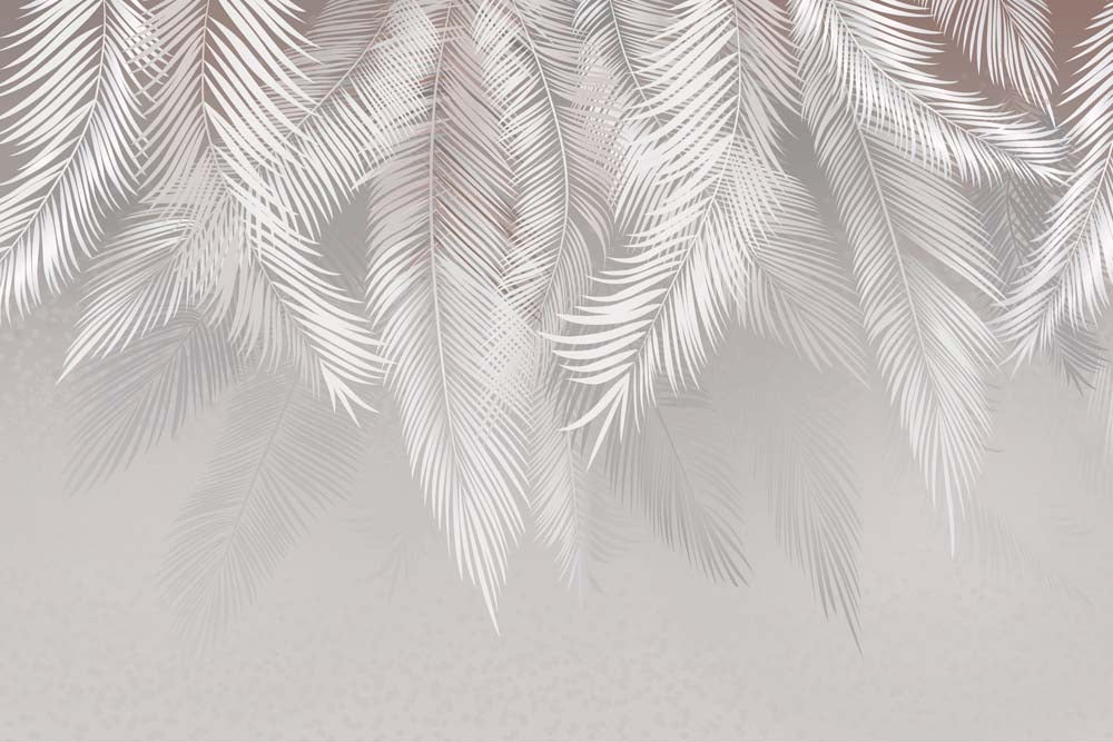 Silver Tropical Palm Leaf Wall Mural White Feathers Light Wallpaper