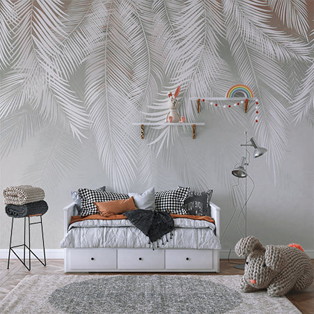 Silver Tropical Palm Leaf Wall Mural White Feathers Light Wallpaper