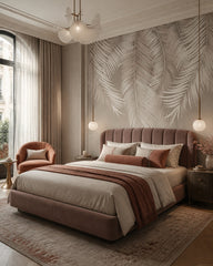 Silver palm leaf wallpaper in a designer bedroom.