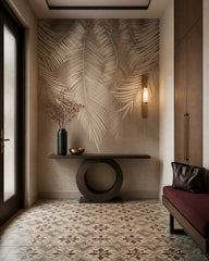 Silver palm leaf wallpaper in a designer entrance hall.