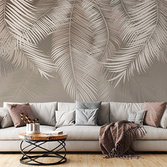 Custom Silver Tropical Palm Leaf Wall Mural Beige Shades Wallpaper