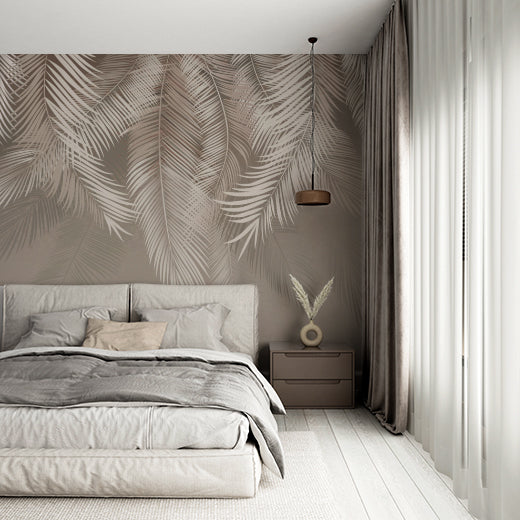 Silver Tropical Palm Leaf  Wall Mural Beige Shades Wallpaper