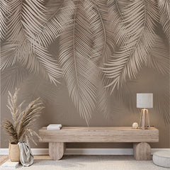 Custom Silver Tropical Palm Leaf Wall Mural Beige Shades Wallpaper