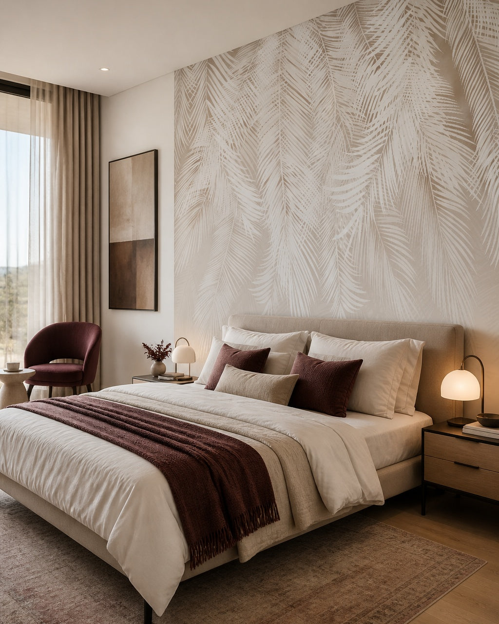 White palm leaf shadows wallpaper in a designer bedroom.