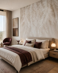 White palm leaf shadows wallpaper in a designer bedroom.