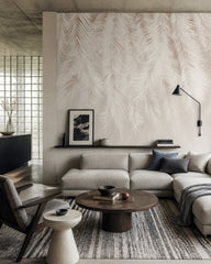 White palm leaf shadows wallpaper in a designer living room.