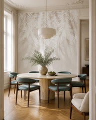 White palm leaf shadows wallpaper in a refined dining area.
