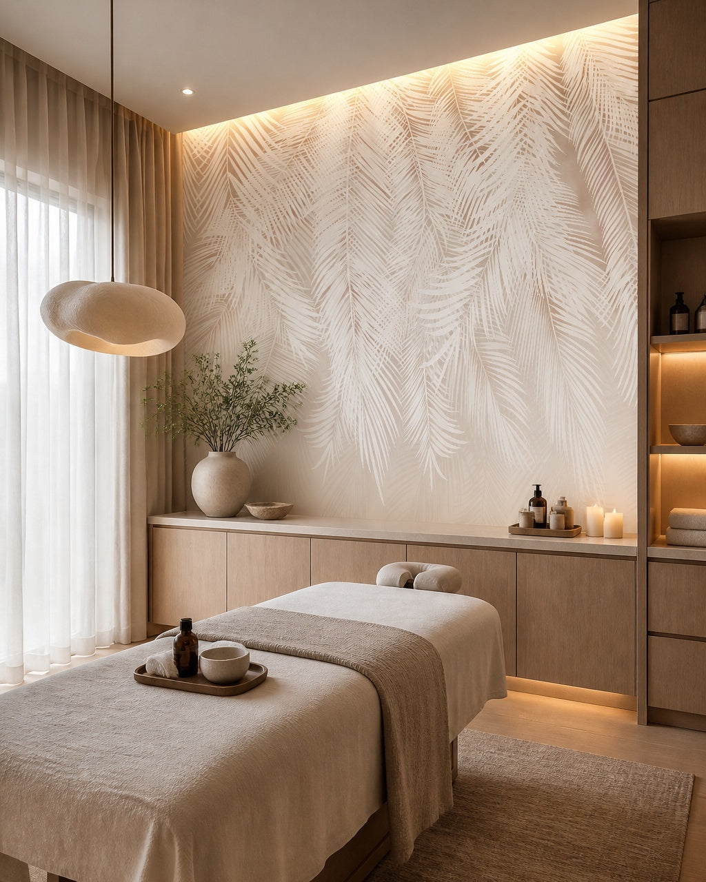 White palm leaf shadows wallpaper in a wellness spa.