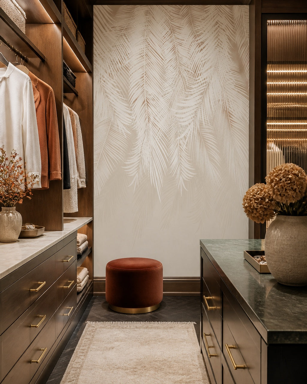White palm leaf shadows wallpaper in a walk-in wardrobe.
