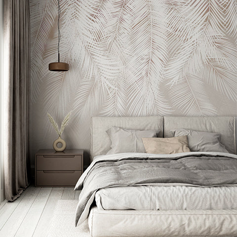 White Tropical Palm Leaf Shadows Wall Mural White Feathers Beige Wallpaper