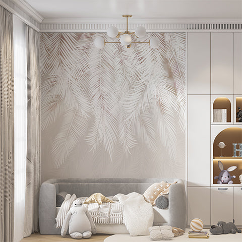 White Tropical Palm Leaf Shadows Wall Mural White Feathers Beige Wallpaper