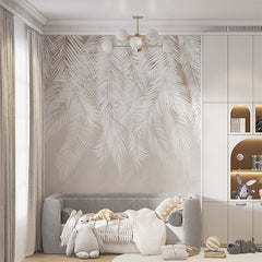 Custom White Tropical Palm Leaf Shadows Wall Mural White Feathers Beige Wallpaper