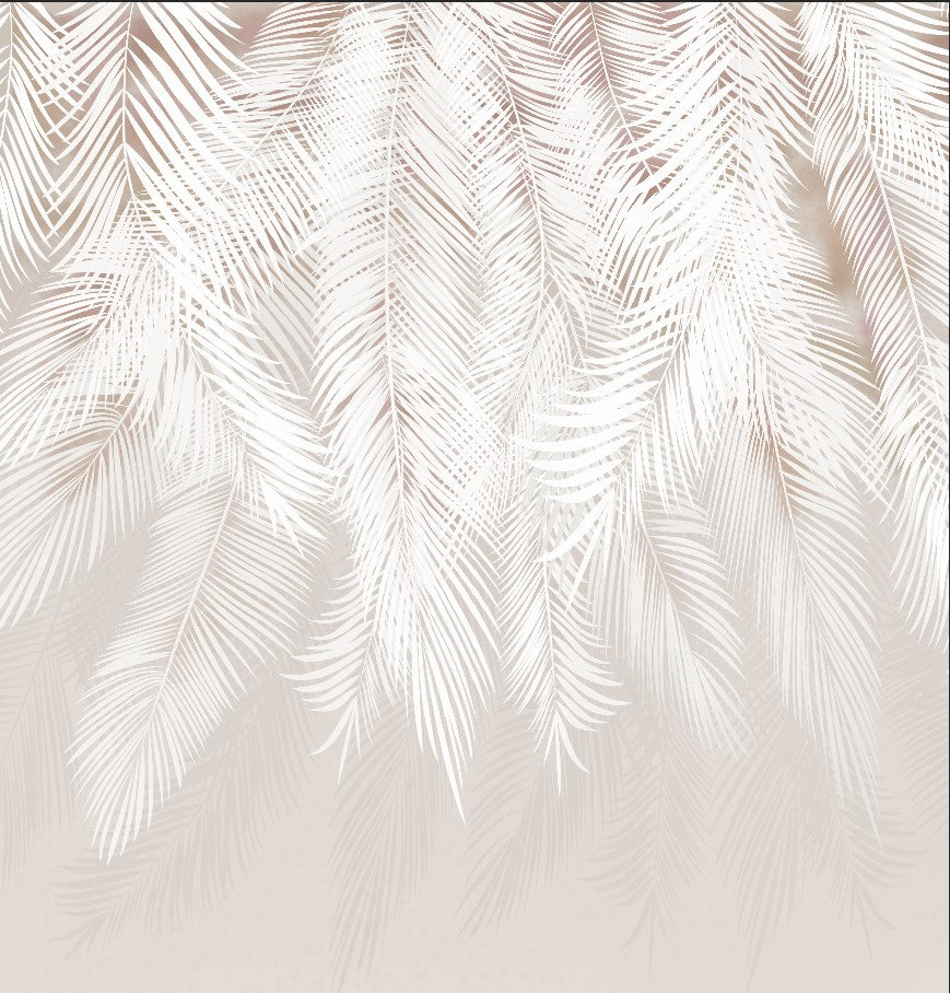 White Tropical Palm Leaf Shadows Wall Mural White Feathers Beige Wallpaper