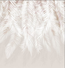 Custom White Tropical Palm Leaf Shadows Wall Mural White Feathers Beige Wallpaper