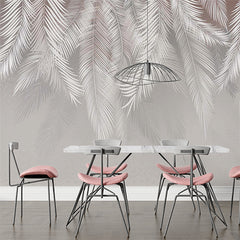 Custom Silver Tropical Palm Leaf Wall Mural White Feathers Light Wallpaper