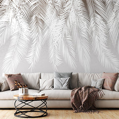 Custom Tropical Palm Leaf Shadows Wall Mural White Feathers Silver Wallpaper