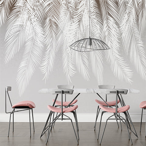 Custom Tropical Palm Leaf Shadows Wall Mural White Feathers Silver Wallpaper