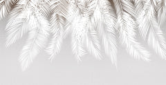 Custom Tropical Palm Leaf Shadows Wall Mural White Feathers Silver Wallpaper