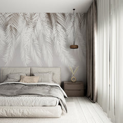 Custom Tropical Palm Leaf Shadows Wall Mural White Feathers Silver Wallpaper