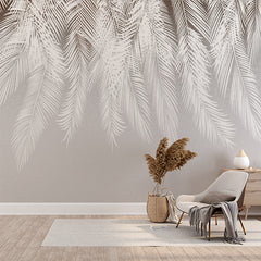 Custom Tropical Palm Leaf Shadows Wall Mural White Feathers Silver Wallpaper