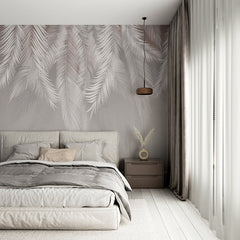 Custom Silver Tropical Palm Leaf Wall Mural White Feathers Light Wallpaper