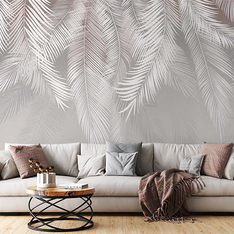 Silver Tropical Palm Leaf Wall Mural White Feathers Light Wallpaper