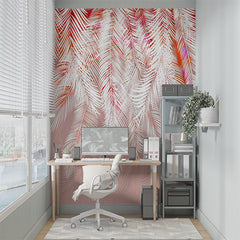 Custom Bright Tropical Palm Leaf Wall Mural Red Accent Wallpaper