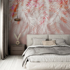 Custom Bright Tropical Palm Leaf Wall Mural Red Accent Wallpaper