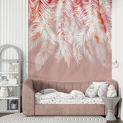 Custom Bright Tropical Palm Leaf Wall Mural Red Accent Wallpaper