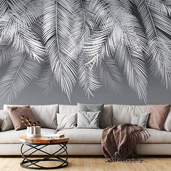 Custom White Feathers Dark Gradient Wallpaper Monochrome Tropical Palm Leaf Wall Mural