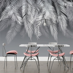 Custom White Feathers Dark Gradient Wallpaper Monochrome Tropical Palm Leaf Wall Mural