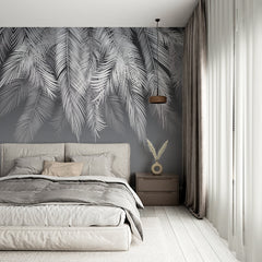 Custom White Feathers Dark Gradient Wallpaper Monochrome Tropical Palm Leaf Wall Mural